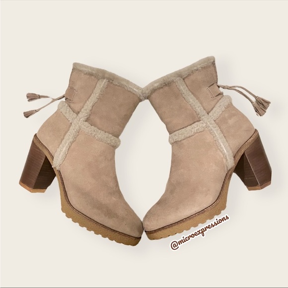 $479 Frye Jen Shearling Fur Beige/Tan Short Real Suede Heeled Zip Up AnkleBootie - Picture 15 of 16